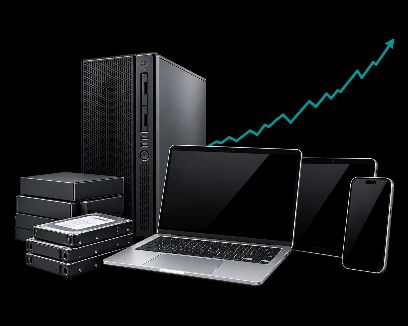 A desktop tower, hard drives, laptop, tablet, and phone with a rising teal arrow