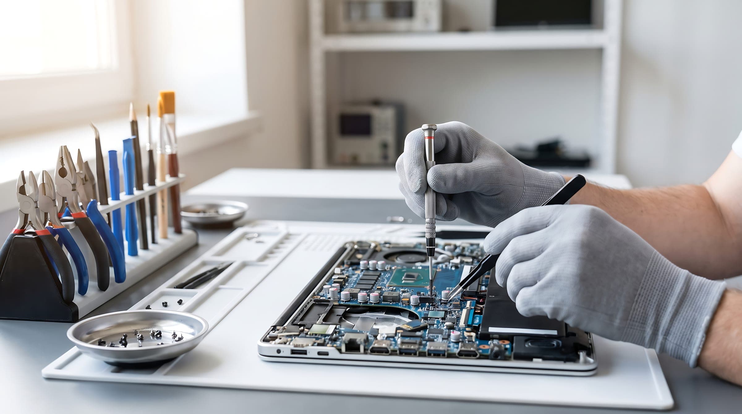 Gloved hands repairing an open laptop's circuit board with a precision screwdriver