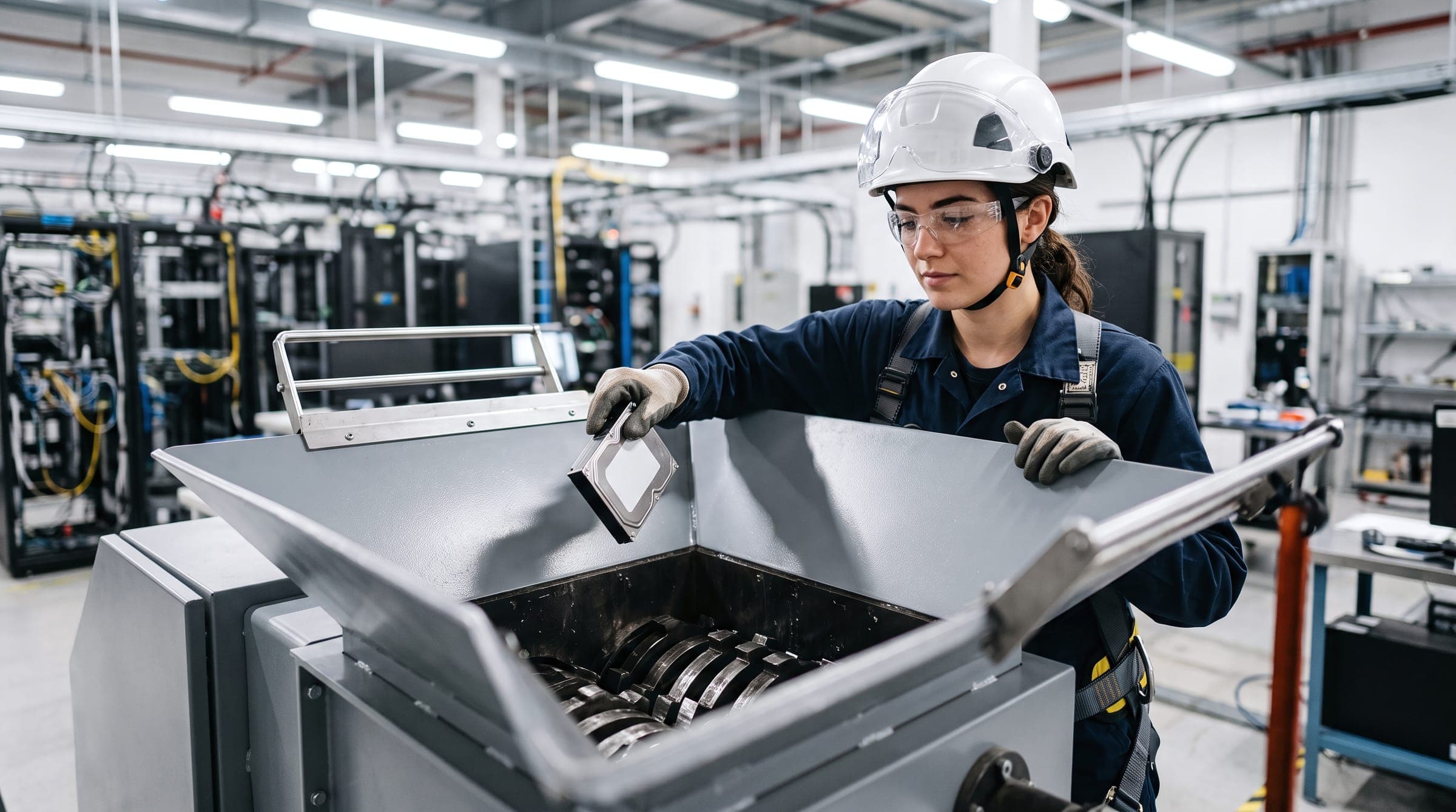 A technician in a hard hat feeding a hard drive into an industrial shredder